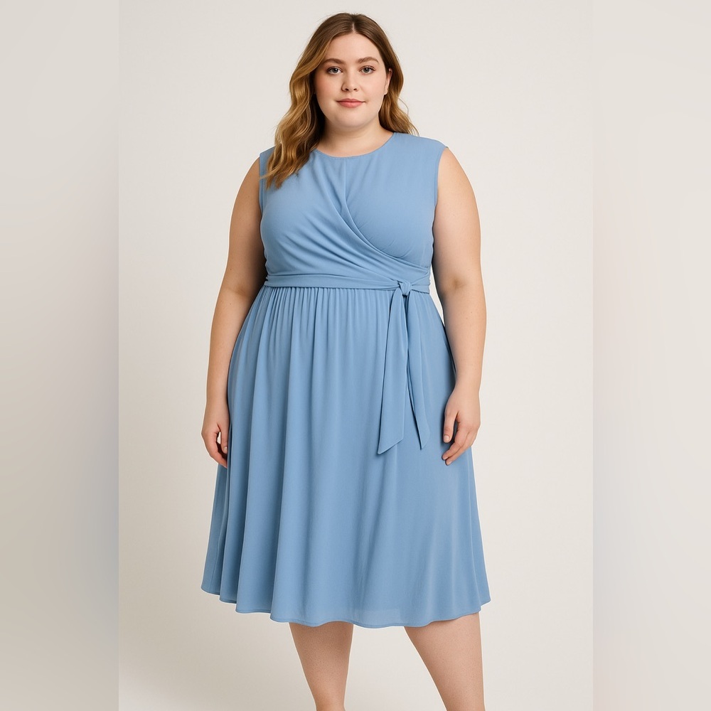 New! Maggy London blue tie waist faux wrap round neck sleeveless drses, size 24W